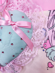 Mint green quilted heart plush key chain trinket, Hime gyaru bling