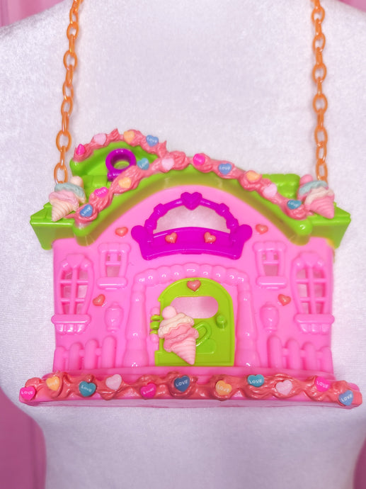 Pink/green frosted cottage doll house necklace, fairy spank kei decora
