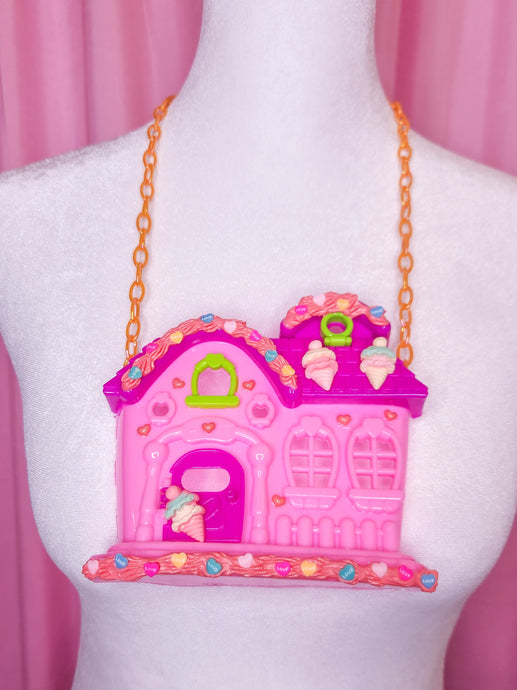 Pink/magenta frosted cottage doll house necklace, fairy spank kei decora