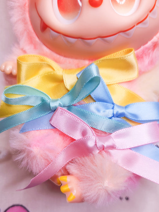 Pink/yellow Labubu plush key chain trinket, rainbow ribbon bow coquette