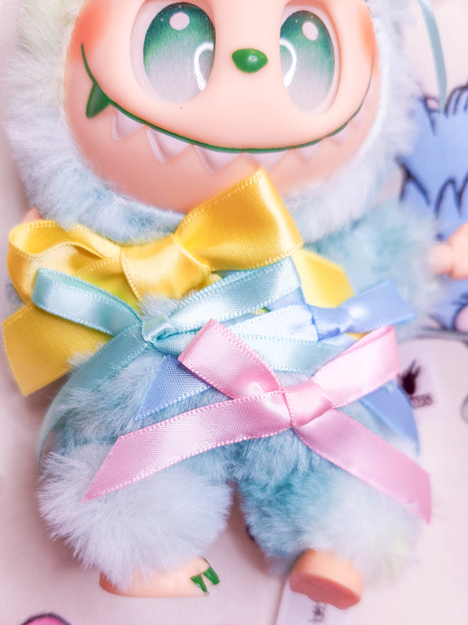Green Labubu plush key chain trinket, rainbow ribbon bow coquette