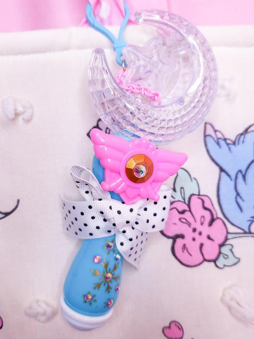 Blue magical girl moon wand bag charm key chain trinket, light-up decora rave