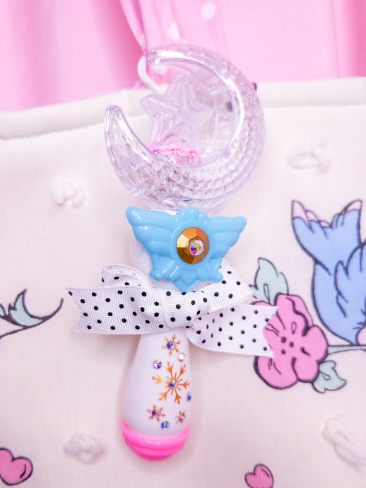 White magical girl moon wand bag charm key chain trinket, light-up decora rave