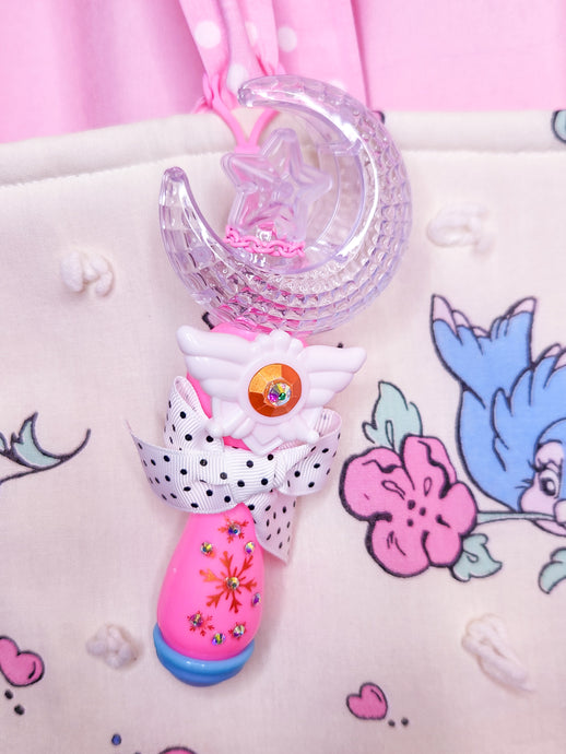 Pink magical girl moon wand bag charm key chain trinket, light-up decora rave