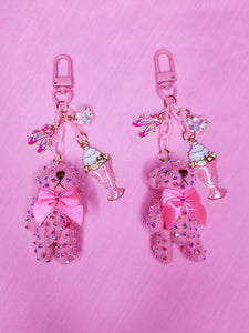 Pink teddy bear bling key chain trinket, rhinestone bag charm y2K sweet lolita Hime gyaru