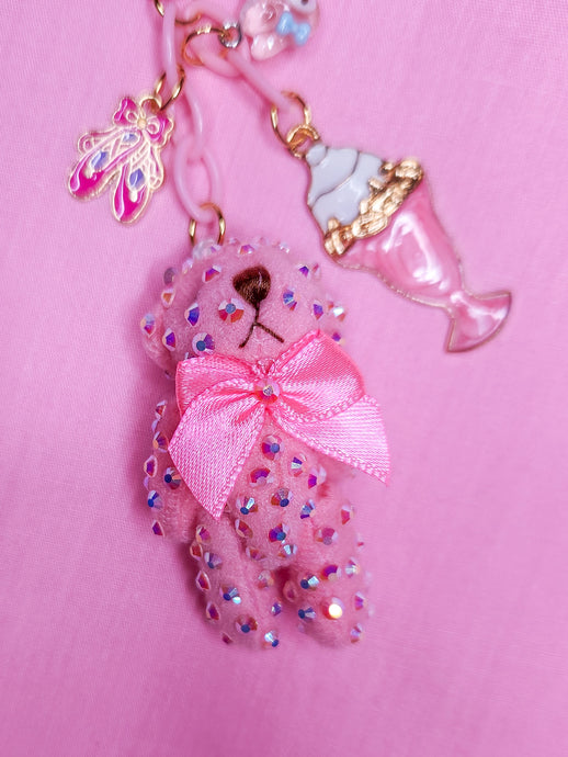 Pink teddy bear bling key chain trinket, rhinestone bag charm y2K sweet lolita Hime gyaru