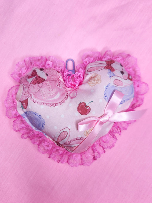 Lolita bunny plush heart key chain trinket, Hime gyaru bag charm