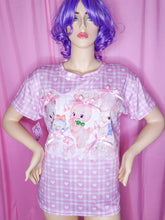 Load image into Gallery viewer, Pink heart gingham retro kitsch animal boxy top, fairy spank kei size Large