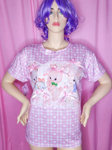 Pink heart gingham retro kitsch animal boxy top, fairy spank kei size Large