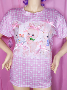 Pink heart gingham retro kitsch animal boxy top, fairy spank kei size Large