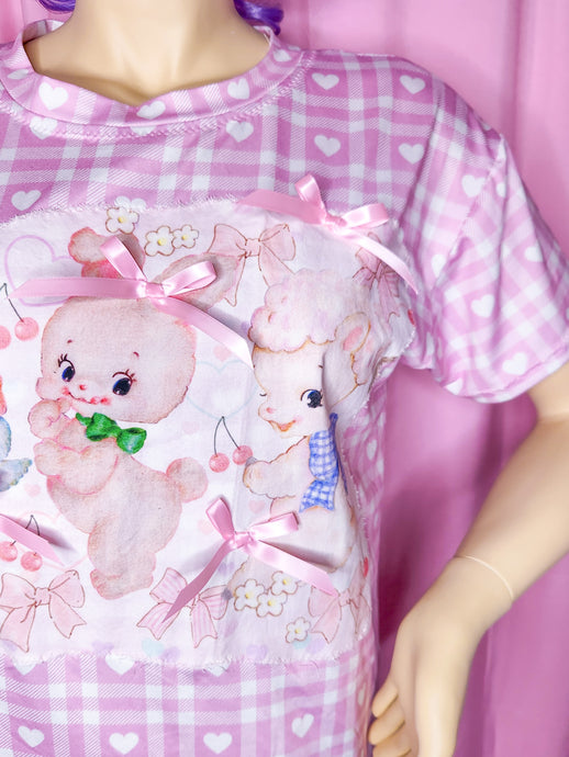 Pink heart gingham retro kitsch animal boxy top, fairy spank kei size Large