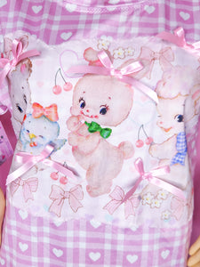 Pink heart gingham retro kitsch animal boxy top, fairy spank kei size Large