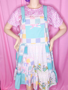Patchwork polka dot jumper skirt, fairy spank kei size XL