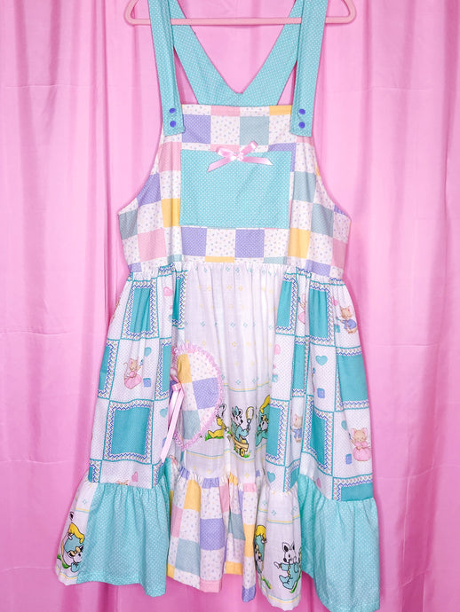 Patchwork polka dot jumper skirt, fairy spank kei size XL
