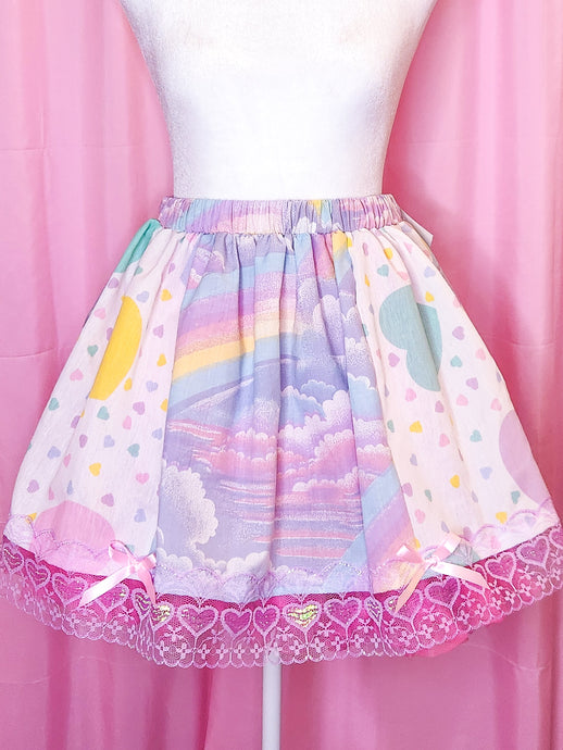 Pastel heart rainbow upcycled fairy spank kei paneled skirt, 80's size Medium