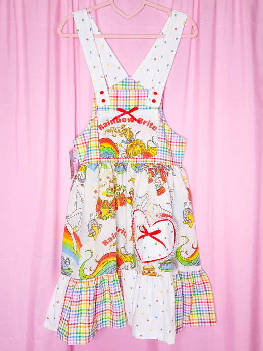 Rainbow Brite jumper skirt, 80's fairy spank kei heart gingham size Small