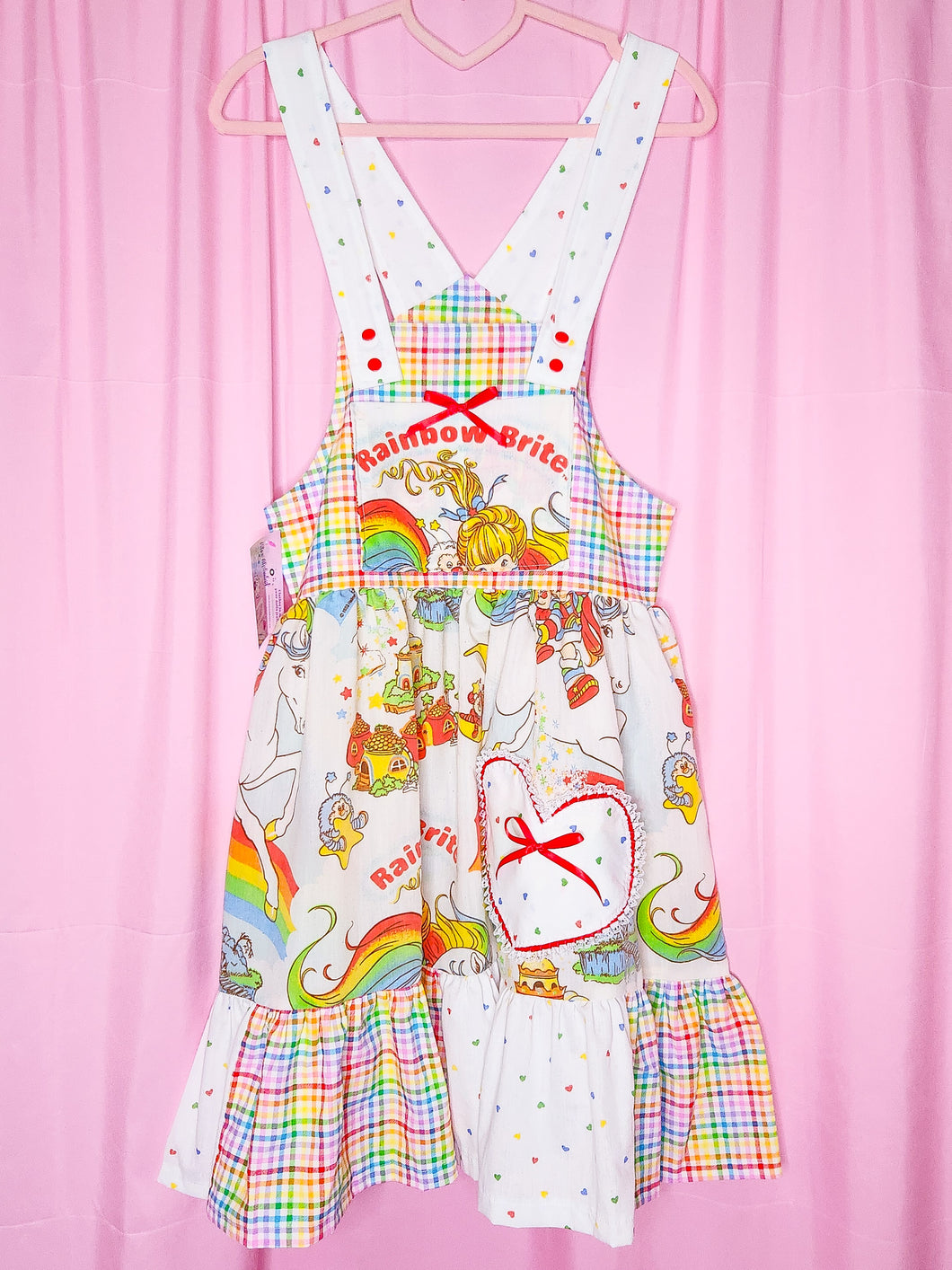 Rainbow Brite jumper skirt, 80's fairy spank kei heart gingham size Small