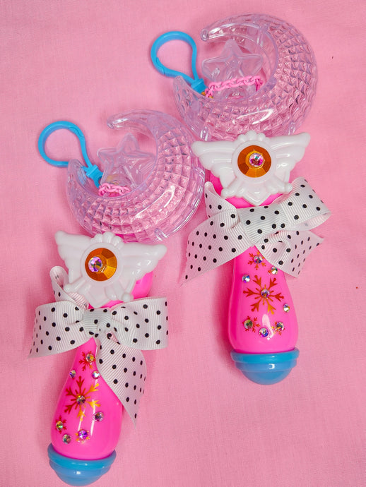 Pink magical girl moon wand bag charm key chain trinket, light-up decora rave