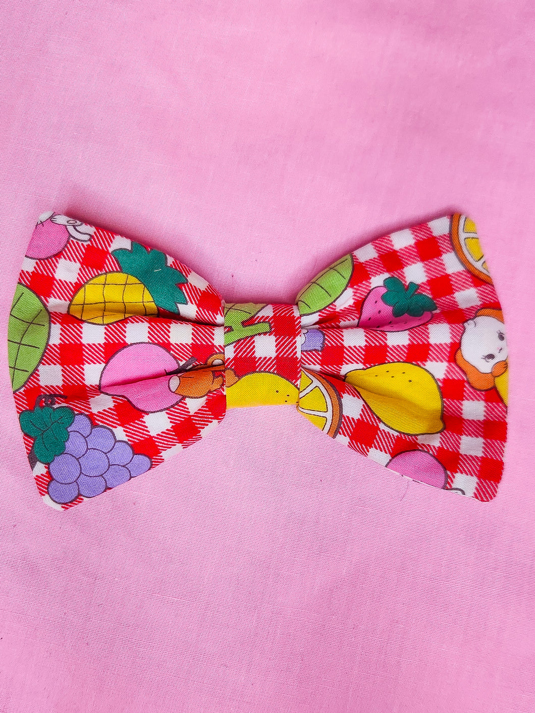 Red gingham check fruit hair bow, retro kitschy animal Showa era