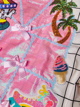 Load image into Gallery viewer, Mall curved window knit shirt dress, sequin applique carousel roller skate palm tree size XL