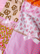 Load image into Gallery viewer, Mall food court patchwork pants, memphis print, pizza pretzel french fries, size Medium