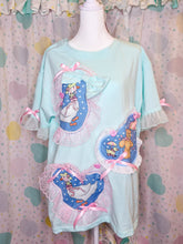 Load image into Gallery viewer, Mint green geese boxy top, 90s ruffle teddy bear shirt size Medium