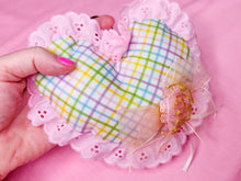 Load image into Gallery viewer, Rainbow lattice heart plush key chain trinket, fairy spank kei bag charm 80s