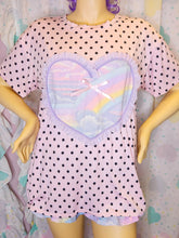 Load image into Gallery viewer, Pink black polka dot boxy top, pastel rainbow fairy spank kei t shirt size XL