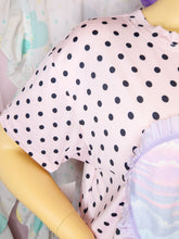 Load image into Gallery viewer, Pink black polka dot boxy top, pastel rainbow fairy spank kei t shirt size XL