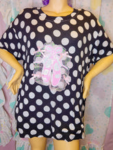 Load image into Gallery viewer, Black white polka dot boxy top, sequin ballet slipper fairy spank kei t shirt size 2X