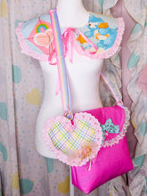 Load image into Gallery viewer, Rainbow lattice heart plush key chain trinket, fairy spank kei bag charm 80s