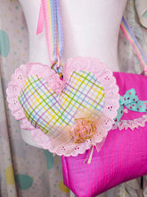 Load image into Gallery viewer, Rainbow lattice heart plush key chain trinket, fairy spank kei bag charm 80s