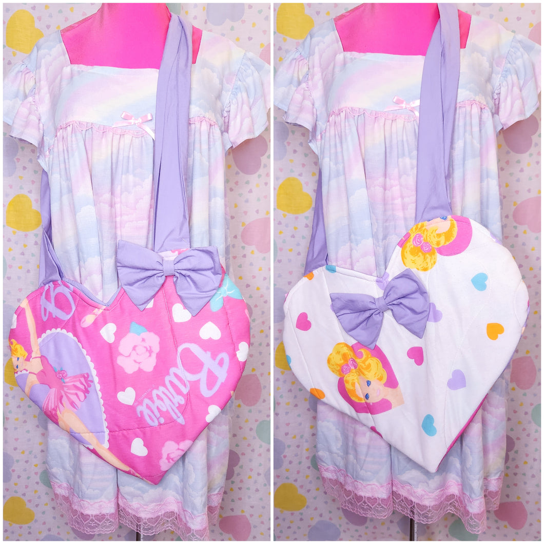 90's doll upcycled heart shaped spank kei quilted tote bag