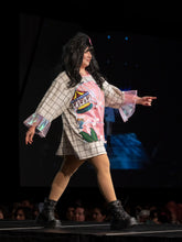 Load image into Gallery viewer, Mall curved window knit shirt dress, sequin applique carousel roller skate palm tree size XL