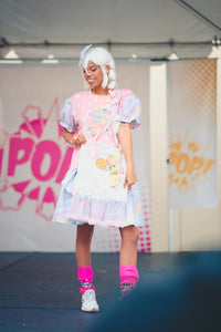 Pink polka dot pastel rainbow t-shirt dress, size S/M