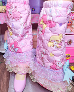 My Melody quilted legwarmers, iridescent pastel lace, fairy spank kei