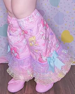 My Melody quilted legwarmers, iridescent pastel lace, fairy spank kei