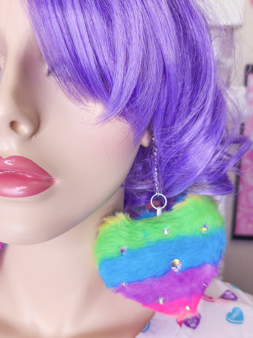 SALE Rainbow faux fur heart rhinestone earrings, chunky bimbo drag queen