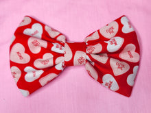 Load image into Gallery viewer, Red conversation hearts hair bow, lovecore galentine gift, Valentine's Day