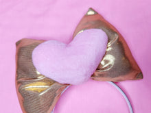 Load image into Gallery viewer, Gold/pink plush heart headband bow, fairy spank kei, retro 80s 90s mall hairbow