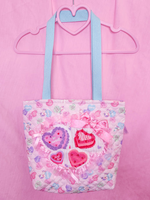 Quilted conversation hearts tote bag, lovecore vintage cake