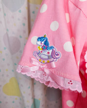 Load image into Gallery viewer, Pink polka dot carousel boxy top, 90s ruffle pastel rocking horse t shirt size Medium