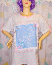 Load image into Gallery viewer, Pink blue stripe goose boxy top, geese iridescent lace t shirt size 2X