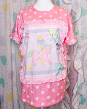 Load image into Gallery viewer, Pink polka dot carousel boxy top, 90s ruffle pastel rocking horse t shirt size Medium