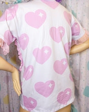 Load image into Gallery viewer, Sparkle heart goose boxy top, 90s ruffle teddy bear t shirt size Large