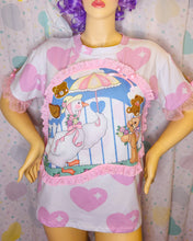 Load image into Gallery viewer, Sparkle heart goose boxy top, 90s ruffle teddy bear t shirt size Large