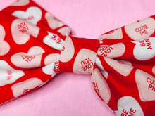 Load image into Gallery viewer, Red conversation hearts hair bow, lovecore galentine gift, Valentine's Day