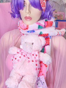 Pink/red heart cake lovecore scarf, Valentine's Day teddy bear