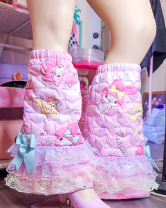 My Melody quilted legwarmers, iridescent pastel lace, fairy spank kei