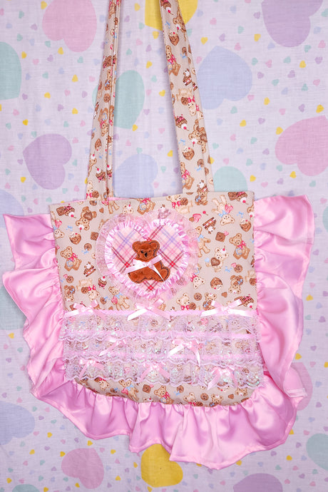 Valentine teddy bear treats ruffle tote bag, iridescent pink lace lovecore